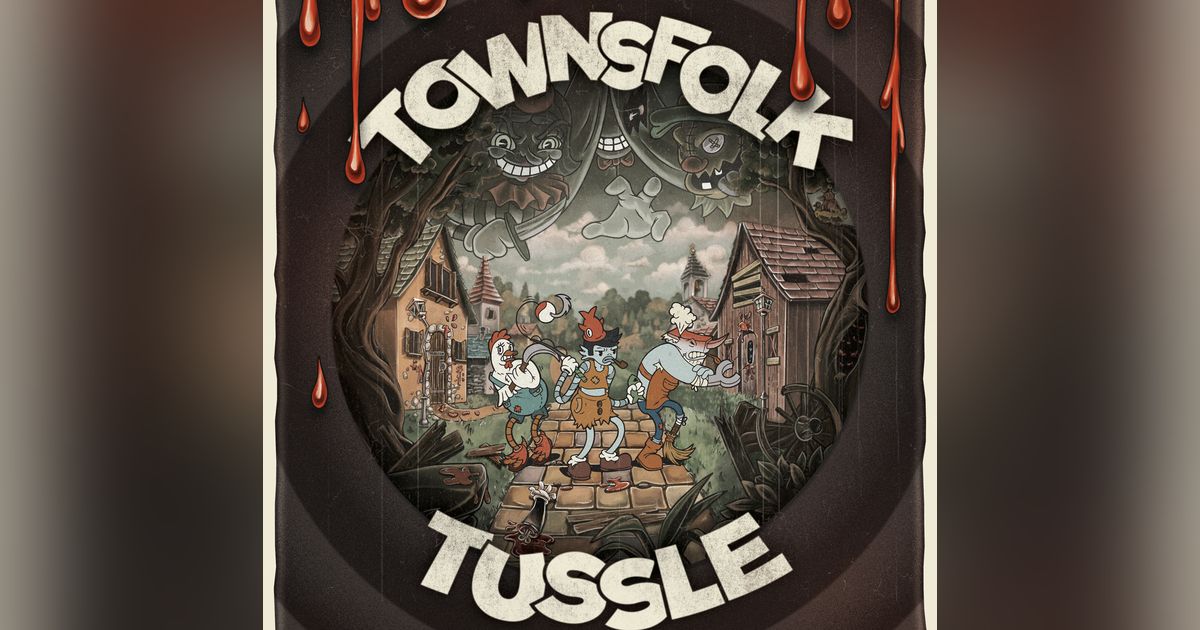 Box art for Townsfolk Tussle, showing cartoon-style rubber-hose townsfolk characters squaring off against a towering monster boss in a 1930s-cartoon art style