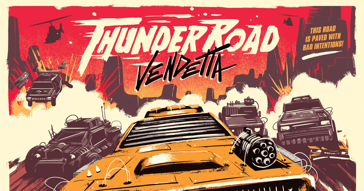 Box art for Thunder Road: Vendetta, showing armored war vehicles racing across a wasteland highway under a chaotic orange sky
