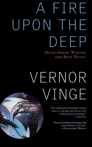 Cover of Vernor Vinge's A Fire Upon the Deep, showing a starfield and a distant spacecraft against deep space