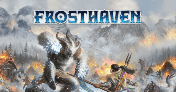 Box art for Frosthaven, showing a horned ice-elemental creature confronting a spear-wielding adventurer amid a burning snowbound village